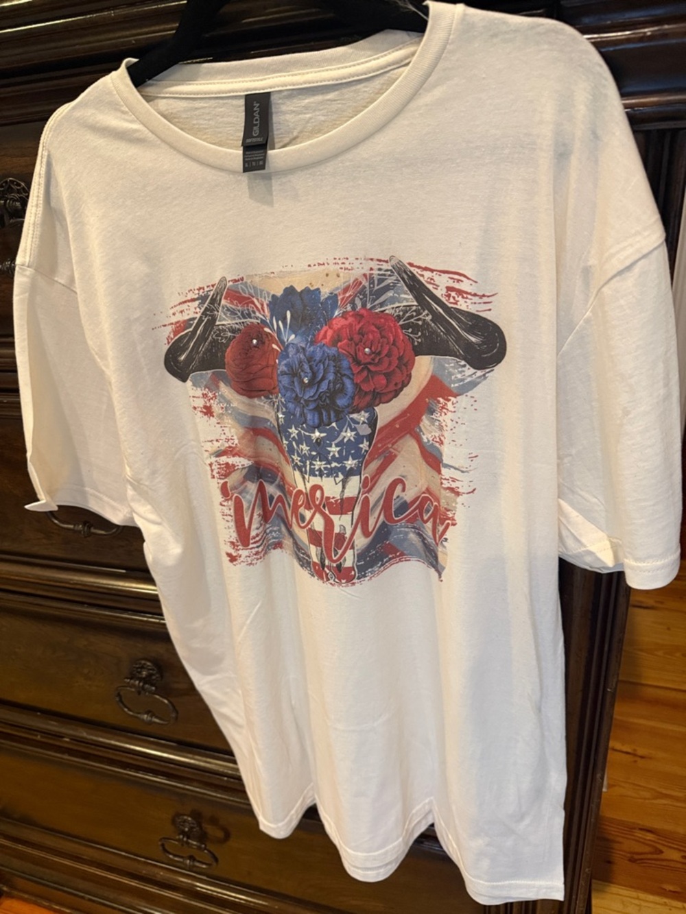 White Graphic 'Merica' Tee with Patriotic Skull and Flowers and Bling.